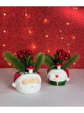 2'li Yeni Yıl Noel Baba ve Kardan Adam Yapay Çiçek Kokinalı Yılbaşı Dekorasyonu Saksı
